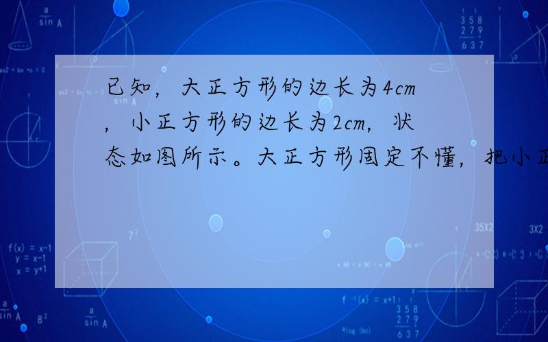 已知，大正方形的边长为4cm，小正方形的边长为2cm，状态如图所示。大正方形固定不懂，把小正方形以1cm/s的速度向大正方形的内部沿直线平移，设平移的时间为t秒。两个正方形重叠部分的