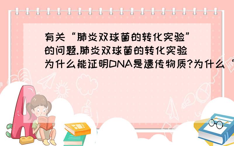 有关“肺炎双球菌的转化实验”的问题.肺炎双球菌的转化实验为什么能证明DNA是遗传物质?为什么“无毒的R型活细菌与被杀死的S型细菌混合后,转化成有毒的S型活细菌”能证明DNA是遗传物质?