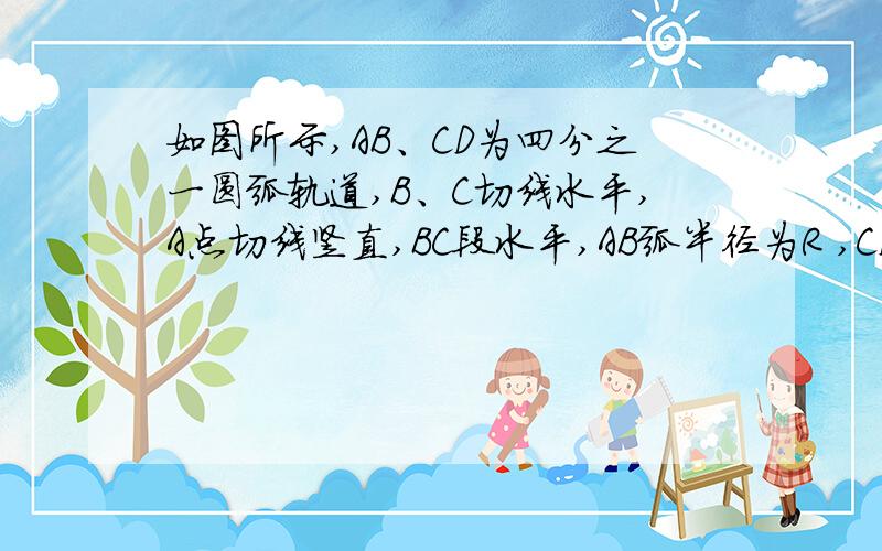 如图所示,AB、CD为四分之一圆弧轨道,B、C切线水平,A点切线竖直,BC段水平,AB弧半径为R ,CD弧半径为2 R .将一质量为m的光滑小球由A点静止释放,试求小球向右恰好通过B、C两点后的瞬间,对轨道的