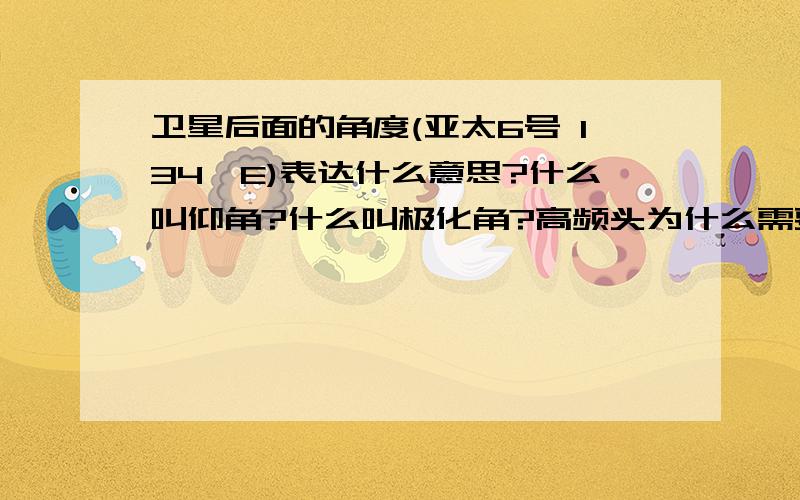 卫星后面的角度(亚太6号 134°E)表达什么意思?什么叫仰角?什么叫极化角?高频头为什么需要旋转?能给我把各类角度画出来看看?