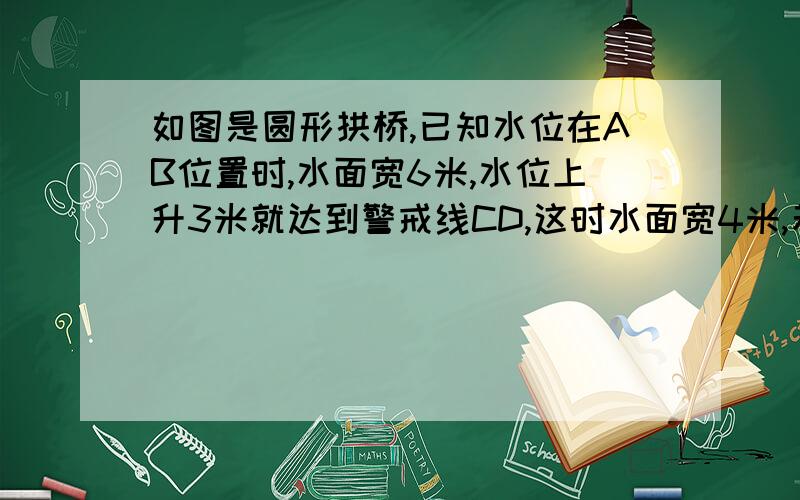 如图是圆形拱桥,已知水位在AB位置时,水面宽6米,水位上升3米就达到警戒线CD,这时水面宽4米,若洪水到来时,位以每小时0.25米速度上升,求水过警戒线后几小时淹到拱桥顶?如图是圆形拱桥,已知