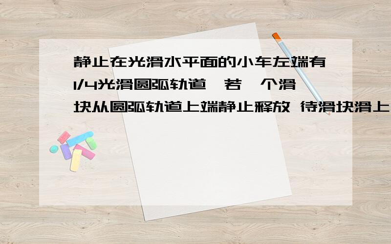 静止在光滑水平面的小车左端有1/4光滑圆弧轨道,若一个滑块从圆弧轨道上端静止释放 待滑块滑上小车静止在光滑水平面的小车左端有1/4光滑圆弧轨道,若一个滑块从圆弧轨道上端静止释放