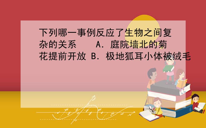 下列哪一事例反应了生物之间复杂的关系　　A．庭院墙北的菊花提前开放 B．极地狐耳小体被绒毛　　C．蜜蜂用跳舞的方式传信息 D．屎克螂改良草原土壤