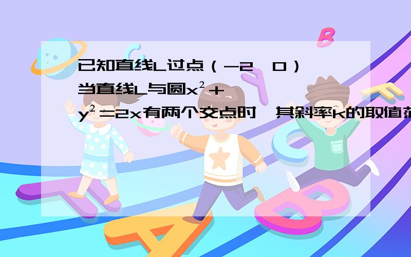 已知直线L过点（-2,0）,当直线L与圆x²+y²=2x有两个交点时,其斜率k的取值范围是?