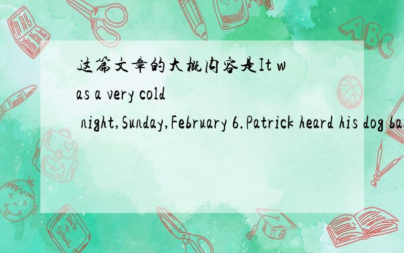 这篇文章的大概内容是It was a very cold night,Sunday,February 6.Patrick heard his dog barking (狗叫声) in the garage (车库).He went there with some food to quiet it down.Standing in the middle of the garage was a little girl with her bo