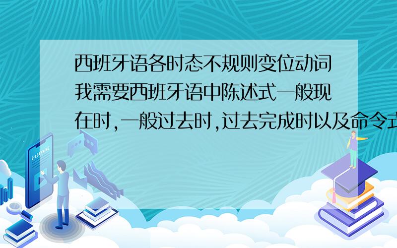 西班牙语各时态不规则变位动词我需要西班牙语中陈述式一般现在时,一般过去时,过去完成时以及命令式的所有不规则变位动词,并且写出它们的变位.如PENSAR,DORMIR,PEDIR这类需要将E变IE,O变UE,E