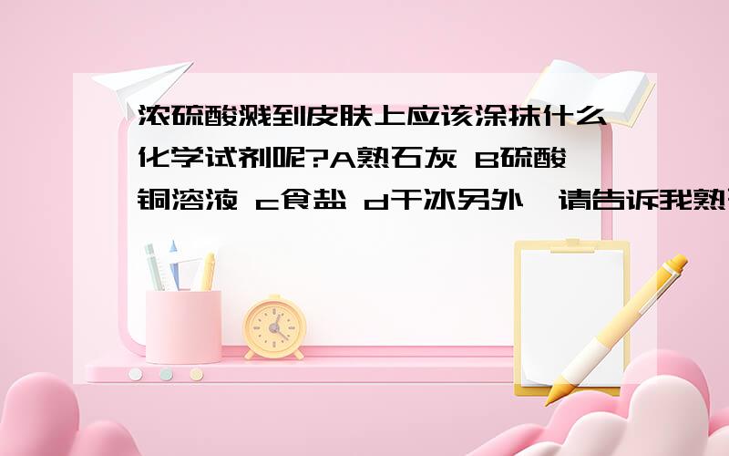 浓硫酸溅到皮肤上应该涂抹什么化学试剂呢?A熟石灰 B硫酸铜溶液 c食盐 d干冰另外,请告诉我熟石灰、生石灰以及烧碱的化学式