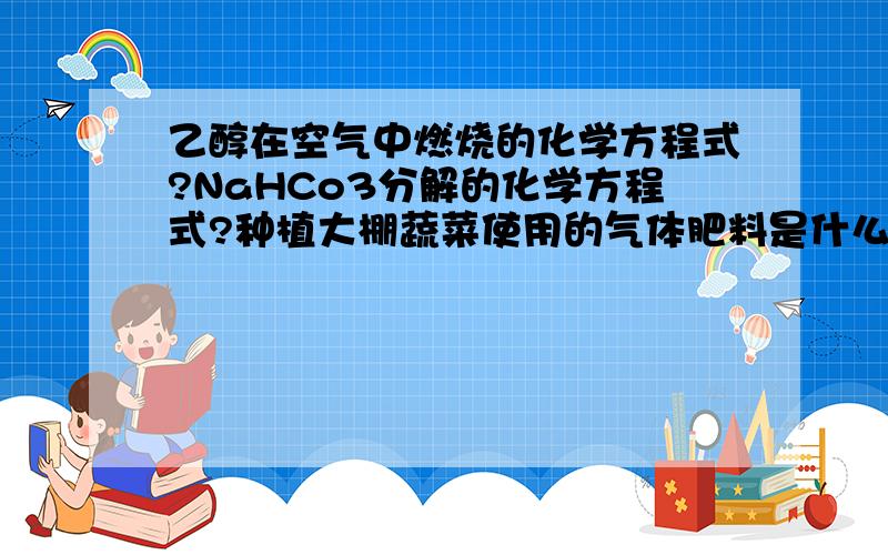 乙醇在空气中燃烧的化学方程式?NaHCo3分解的化学方程式?种植大棚蔬菜使用的气体肥料是什么?