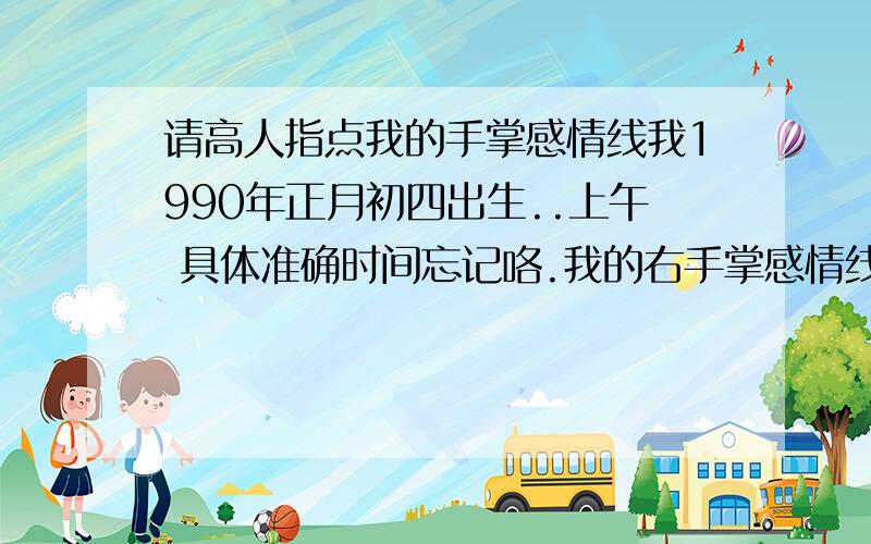 请高人指点我的手掌感情线我1990年正月初四出生..上午 具体准确时间忘记咯.我的右手掌感情线好像很乱哦,我是女生.智慧线和生命线就比较顺直.结婚线也直,就是感情线自中指断开咯.连在智