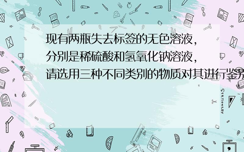 现有两瓶失去标签的无色溶液,分别是稀硫酸和氢氧化钠溶液,请选用三种不同类别的物质对其进行鉴别