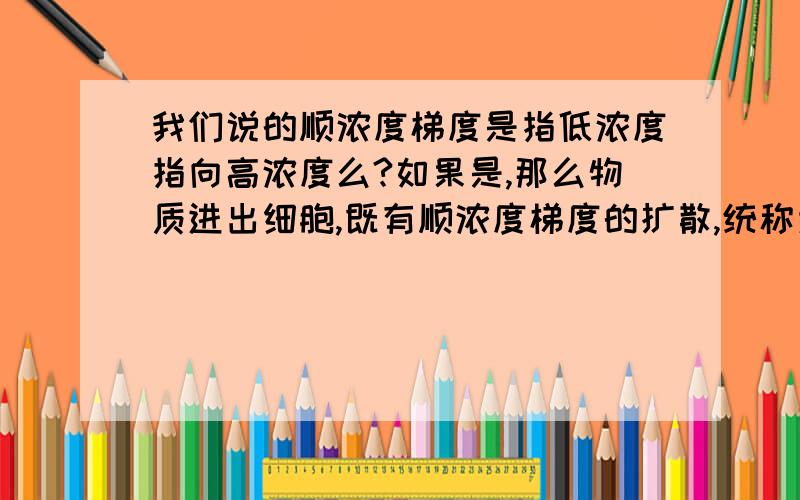 我们说的顺浓度梯度是指低浓度指向高浓度么?如果是,那么物质进出细胞,既有顺浓度梯度的扩散,统称为被动运输.是不是就是说：被动运输也是由低浓度指向高浓度?可是我们生物老师讲的课.