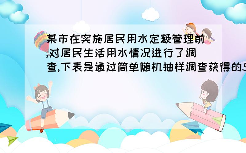 某市在实施居民用水定额管理前,对居民生活用水情况进行了调查,下表是通过简单随机抽样调查获得的50个家庭去年的月均用水量（单位：t）．4.7 2.0 3.1 2.3 5.2 2.8 7.3 4.3 4.8 6.74.5 5.1 6.5 8.9 2.0 4.5