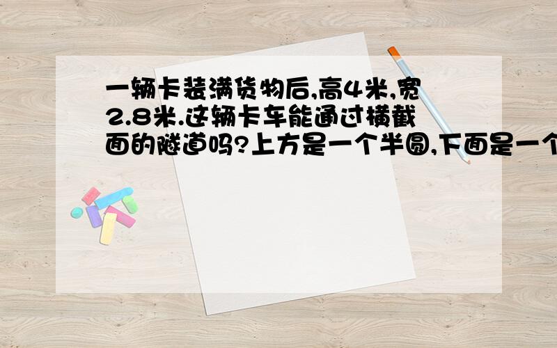 一辆卡装满货物后,高4米,宽2.8米.这辆卡车能通过横截面的隧道吗?上方是一个半圆,下面是一个长4米,宽2.6米的长方形)