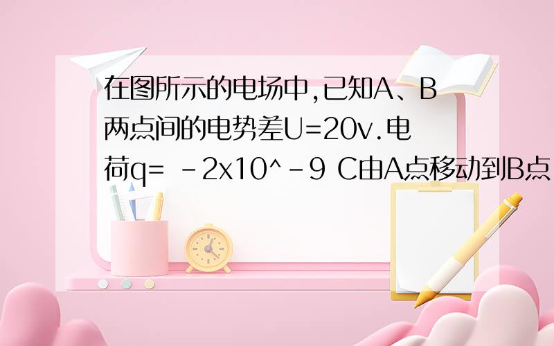 在图所示的电场中,已知A、B两点间的电势差U=20v.电荷q= -2x10^-9 C由A点移动到B点,电场力所做的功是多少?电视能是增加还是减少,增加或减少多少?在图所示的电场中，已知A、B两点间的电势差U=20