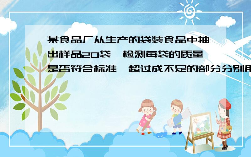 某食品厂从生产的袋装食品中抽出样品20袋,检测每袋的质量是否符合标准,超过成不足的部分分别用正,负表示与标准质量的差值(单位:G) -5 -2 0 1 3 6 袋数:2 3 4 4 5 2,这批样品的平均质量比标准质