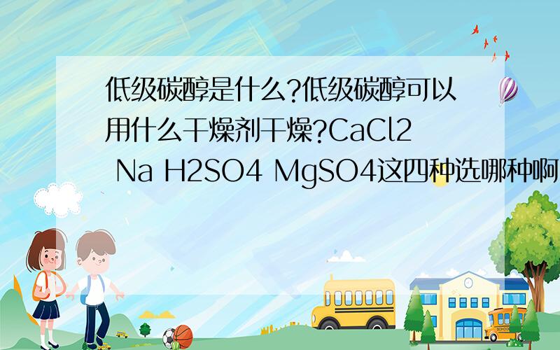 低级碳醇是什么?低级碳醇可以用什么干燥剂干燥?CaCl2 Na H2SO4 MgSO4这四种选哪种啊 为什么呀