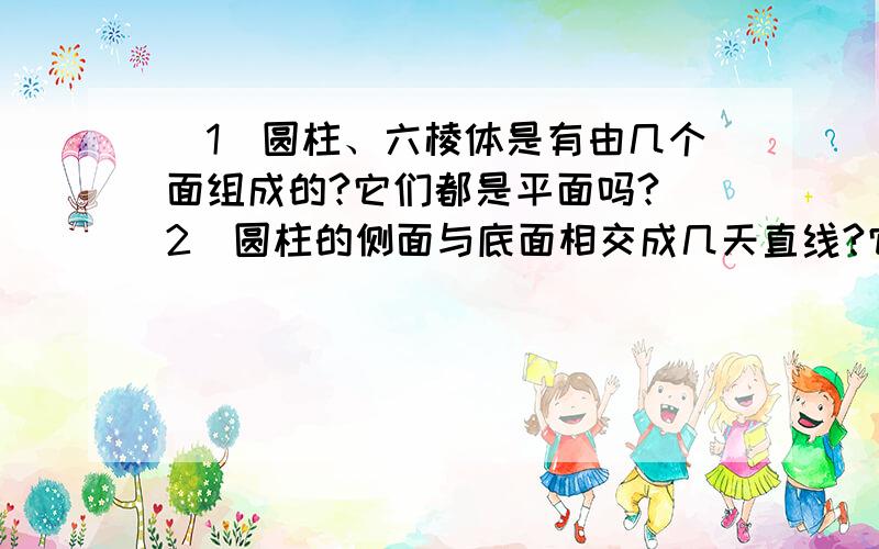 (1)圆柱、六棱体是有由几个面组成的?它们都是平面吗?（2）圆柱的侧面与底面相交成几天直线?它们都是直线吗?（3）六棱柱有几个顶点?经过每个顶点有几条棱?具体点