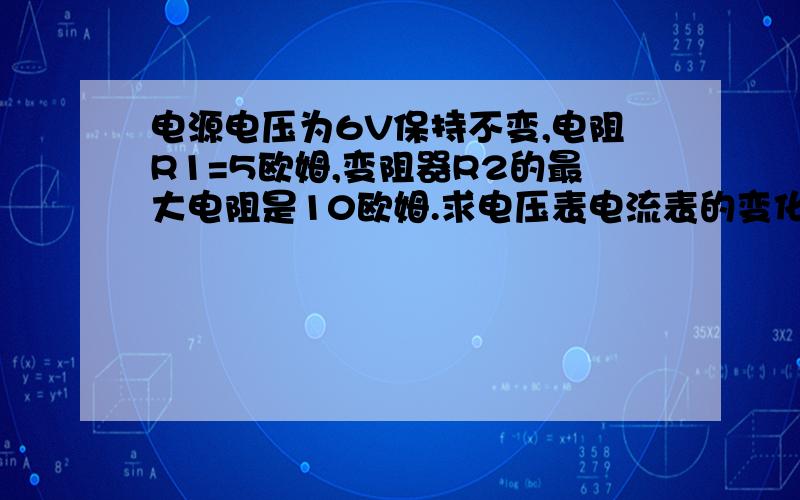 电源电压为6V保持不变,电阻R1=5欧姆,变阻器R2的最大电阻是10欧姆.求电压表电流表的变化范围