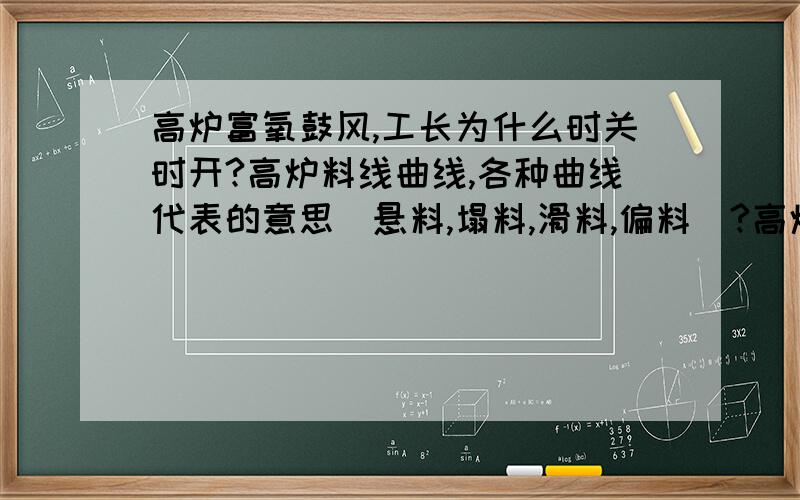 高炉富氧鼓风,工长为什么时关时开?高炉料线曲线,各种曲线代表的意思(悬料,塌料,滑料,偏料）?高炉环形布料,调节圈数达到的效果?2.3..4.5