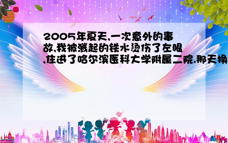 2005年夏天,一次意外的事故,我被溅起的铁水烫伤了左眼,住进了哈尔滨医科大学附属二院.那天换药时,我疼得大喊大叫.有人轻轻敲门,从门缝中挤进一张女孩幼稚的脸,眼睫毛长长的,微微向上翘