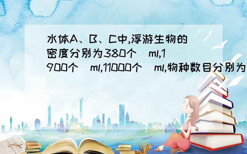 水体A、B、C中,浮游生物的密度分别为380个／ml,1900个／ml,11000个／ml,物种数目分别为208种、105种、45种.这3种水体的好差次序是A.A＜B＞C B．B＞C＞A C．B＜C＜A