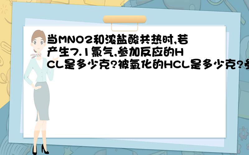 当MNO2和浓盐酸共热时,若产生7.1氯气,参加反应的HCL是多少克?被氧化的HCL是多少克?参加反应的MNO2是多少克?CLO2具有很强的氧化性,因此常被用作消毒剂,其消毒的效率（以单位质量得到的电子数