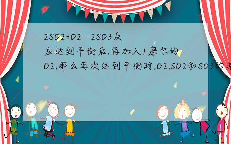 2SO2+O2--2SO3反应达到平衡后,再加入1摩尔的O2,那么再次达到平衡时,O2,SO2和SO3的浓度怎么变?（恒温恒压下）