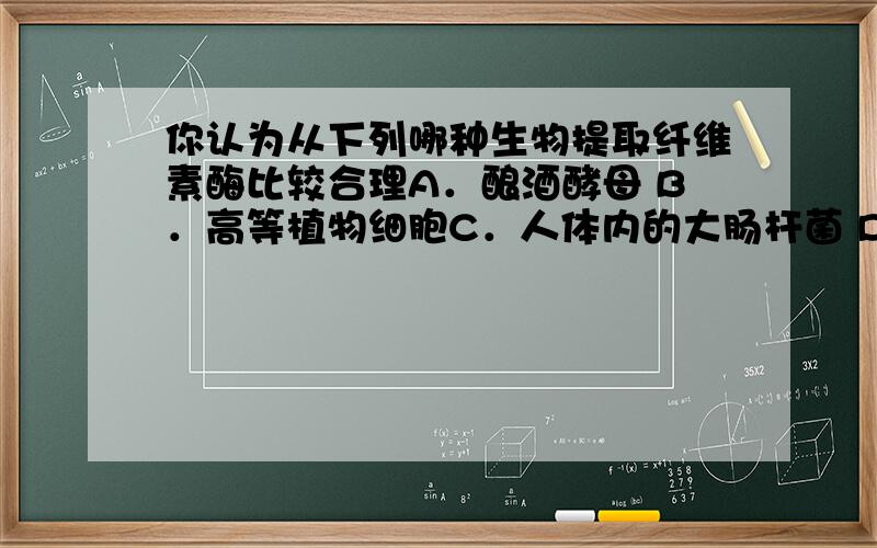 你认为从下列哪种生物提取纤维素酶比较合理A．酿酒酵母 B．高等植物细胞C．人体内的大肠杆菌 D在腐木上生长的霉菌