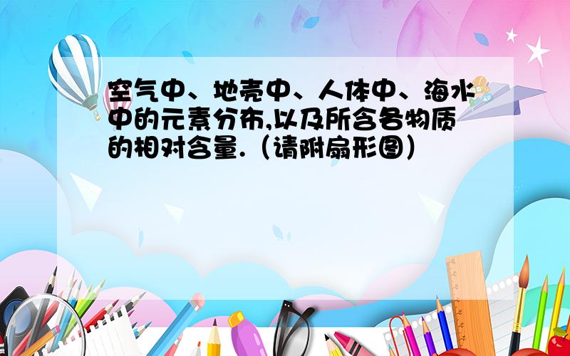 空气中、地壳中、人体中、海水中的元素分布,以及所含各物质的相对含量.（请附扇形图）