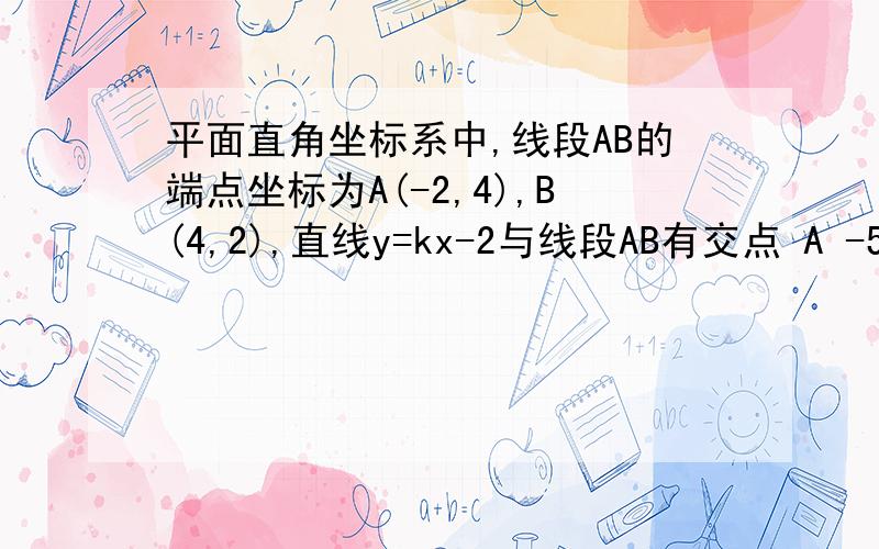 平面直角坐标系中,线段AB的端点坐标为A(-2,4),B(4,2),直线y=kx-2与线段AB有交点 A -5 B -2 C 3 D 5