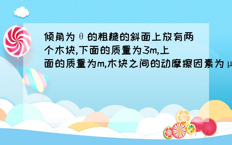 倾角为θ的粗糙的斜面上放有两个木块,下面的质量为3m,上面的质量为m,木块之间的动摩擦因素为μ,木块与斜面之间的动摩擦因素为μ,动滑轮连接,求μ.看图