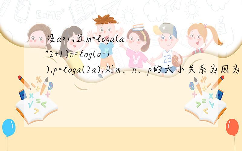 设a>1,且m=loga(a^2+1)n=log(a-1),p=loga(2a),则m、n、p的大小关系为因为m=loga(a-1),所以a^m=a-1而a^p=2a2a>a-1,a>1所以p>m怎么比m、n大小m=loga(a^2+1)n=loga(a-1)题目打错了一点，那么m、n?因为p=loga(2a)>1n=(a-1)/(a^2+1)n