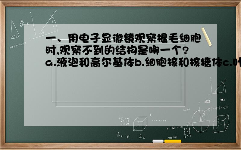 一、用电子显微镜观察根毛细胞时,观察不到的结构是哪一个?a.液泡和高尔基体b.细胞核和核糖体c.叶绿体和中心体d.线粒体和内质网二、经过正常减数分裂和受精作用产生的后代,其发生的变