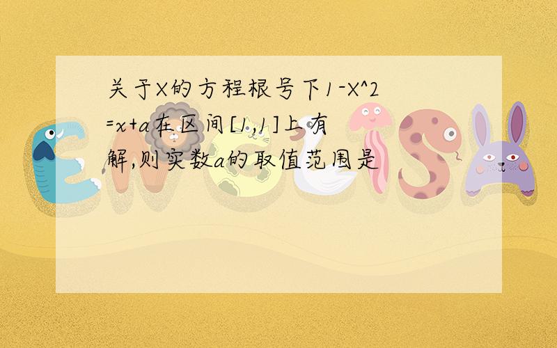 关于X的方程根号下1-X^2=x+a在区间[1,1]上有解,则实数a的取值范围是