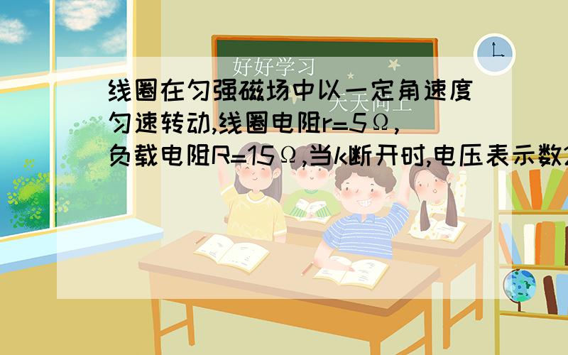 线圈在匀强磁场中以一定角速度匀速转动,线圈电阻r=5Ω,负载电阻R=15Ω,当k断开时,电压表示数20v,则当k闭合时,求电流表示数和负载两端电压的峰值.