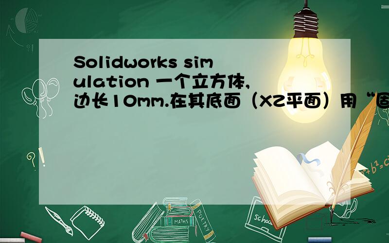 Solidworks simulation 一个立方体,边长10mm.在其底面（XZ平面）用“固定几何体”夹具,顶面上施加100N的力,垂直于顶面（即,沿着Y方向）.然后按正常步骤计算.计算出的结果,理论上X方向的法向应力