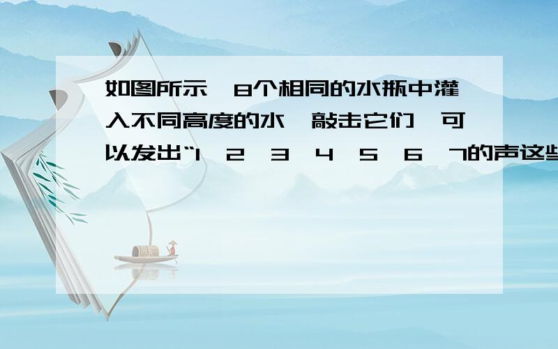 如图所示,8个相同的水瓶中灌入不同高度的水,敲击它们,可以发出“1、2、3、4、5、6、7的声这些声音A、瓶子振动,水的高度 B、水振动,瓶内空气柱的高度 C、瓶内空气振动,水的高度 D、瓶内空