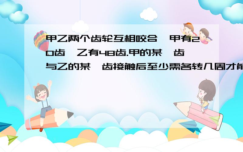 甲乙两个齿轮互相咬合,甲有20齿,乙有48齿.甲的某一齿与乙的某一齿接触后至少需各转几周才能再次接触