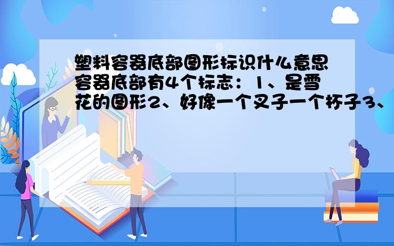 塑料容器底部图形标识什么意思容器底部有4个标志：1、是雪花的图形2、好像一个叉子一个杯子3、两个椭圆交叉,像中央台的老图标4、想个煤气灶平面图犹豫本人级别低,不能上图,请教高手