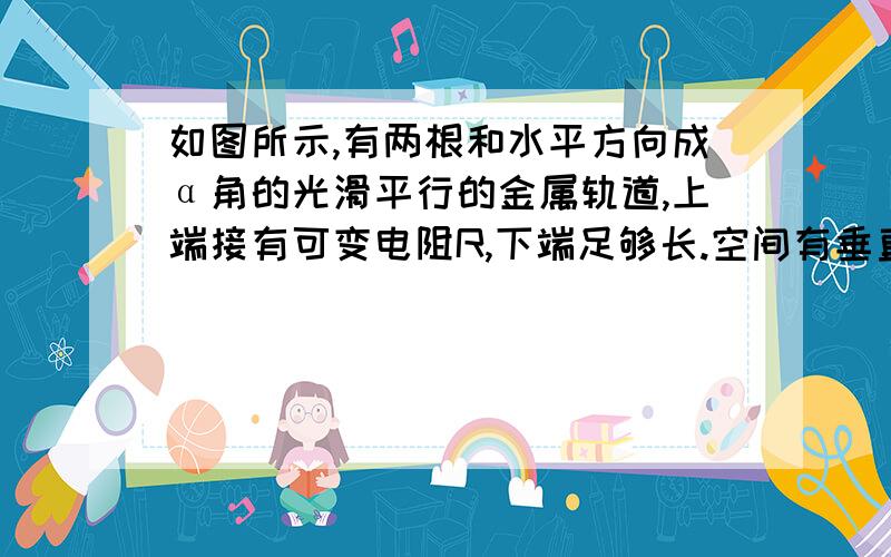 如图所示,有两根和水平方向成α角的光滑平行的金属轨道,上端接有可变电阻R,下端足够长.空间有垂直于轨道平面的匀强磁场,磁感应强度为B.一根质量为m的金属杆从轨道上由静止滑下,经过足