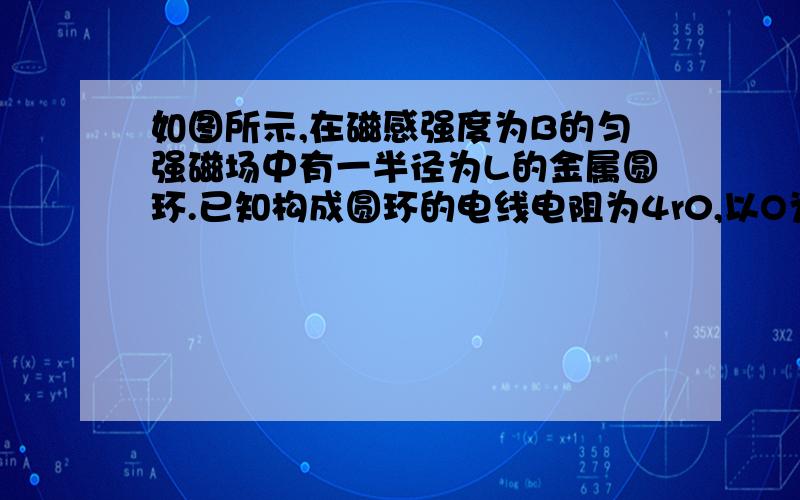 如图所示,在磁感强度为B的匀强磁场中有一半径为L的金属圆环.已知构成圆环的电线电阻为4r0,以O为轴可以在圆环上滑动的金属棒OA电阻为r0,电阻R1=R2=4r0.如果OA棒以某一角速度匀速转动时,电阻R