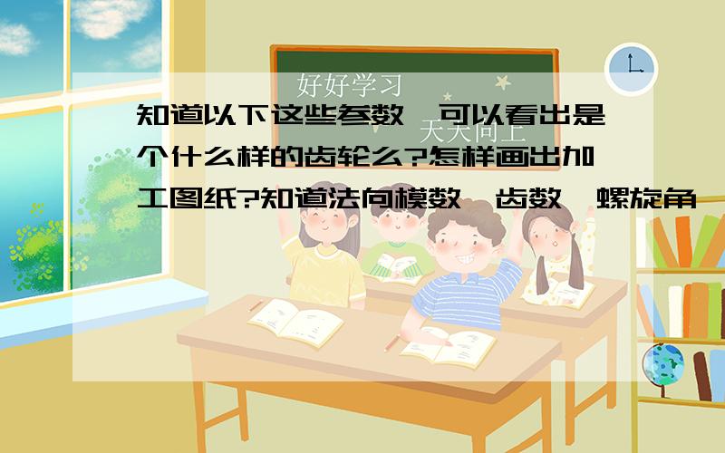 知道以下这些参数,可以看出是个什么样的齿轮么?怎样画出加工图纸?知道法向模数,齿数,螺旋角,法向压力角,端面分度圆直径,齿顶高,齿根高,齿顶圆直径,端面压力角,基圆直径,端面周节,法面