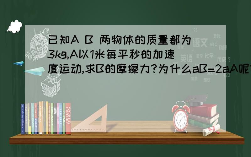 已知A B 两物体的质量都为3kg,A以1米每平秒的加速度运动,求B的摩擦力?为什么aB=2aA呢?