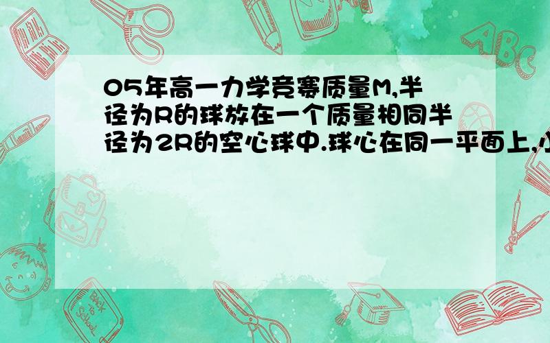 05年高一力学竞赛质量M,半径为R的球放在一个质量相同半径为2R的空心球中.球心在同一平面上,小球放开后,在球内滚动,最后停在大球底部,问这一过程中大球移动距离为多少?不要只是一个答案