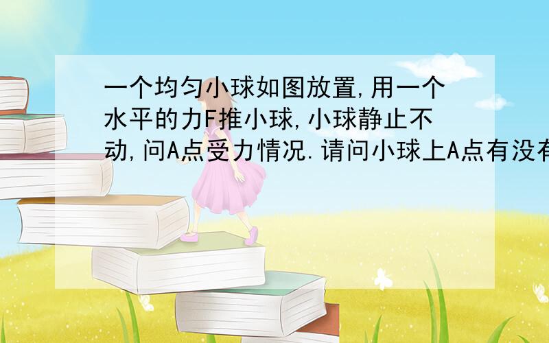 一个均匀小球如图放置,用一个水平的力F推小球,小球静止不动,问A点受力情况.请问小球上A点有没有受到摩擦力,并讲一下判定的依据.有没有人可以给我详细解释，让我搞懂- -地是毛的……还