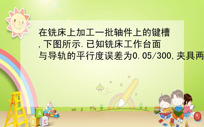 在铣床上加工一批轴件上的键槽,下图所示.已知铣床工作台面与导轨的平行度误差为0.05/300,夹具两定位V型块夹角90°,交点A的连线与夹具体底面的平行度误差为0.01/150,阶梯轴工件两端轴颈尺寸