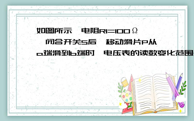 如图所示,电阻R1=100Ω,闭合开关S后,移动滑片P从a端滑到b端时,电压表的读数变化范围是4v-12v.R2的阻值是多少?在线求解,