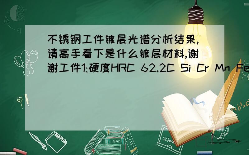 不锈钢工件镀层光谱分析结果,请高手看下是什么镀层材料,谢谢工件1:硬度HRC 62.2C Si Cr Mn Fe 总     0.12  13.88 1.08 84.92 100.000.14 0.72 13.39 1.01 84.74 100.00工件2:硬度HRC 65C 1.36  O 1.17 F 43.48Al 0.38Si 0.28Cr 12