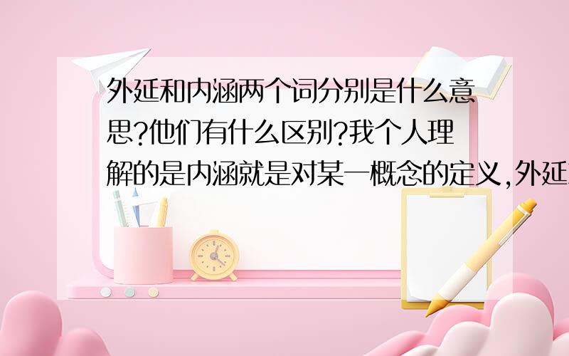 外延和内涵两个词分别是什么意思?他们有什么区别?我个人理解的是内涵就是对某一概念的定义,外延就是对这个定义下所包括的项目的列举,比如我们说苹果,它的内涵就是:一种植物果实,可以