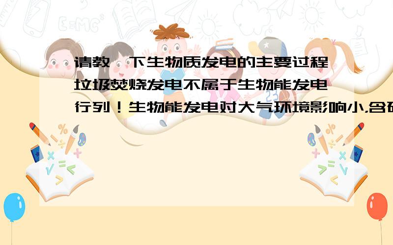 请教一下生物质发电的主要过程垃圾焚烧发电不属于生物能发电行列！生物能发电对大气环境影响小，含硫量更小，但是垃圾发电则不一样，垃圾中含有大量有毒气体，控制不好对大气污染